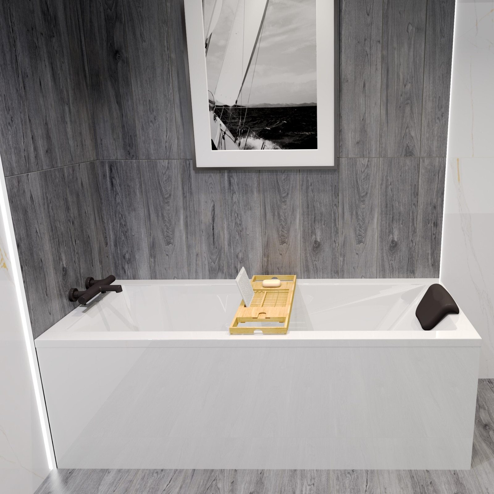 Badland Modern rechthoekige badkuip met bamboe badkuiprek