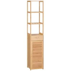 OKWISH Badezimmerschrank aus Bambus Naturholz 32x30x163 cm mit Schublade, offenen Fächern und Lamellentür