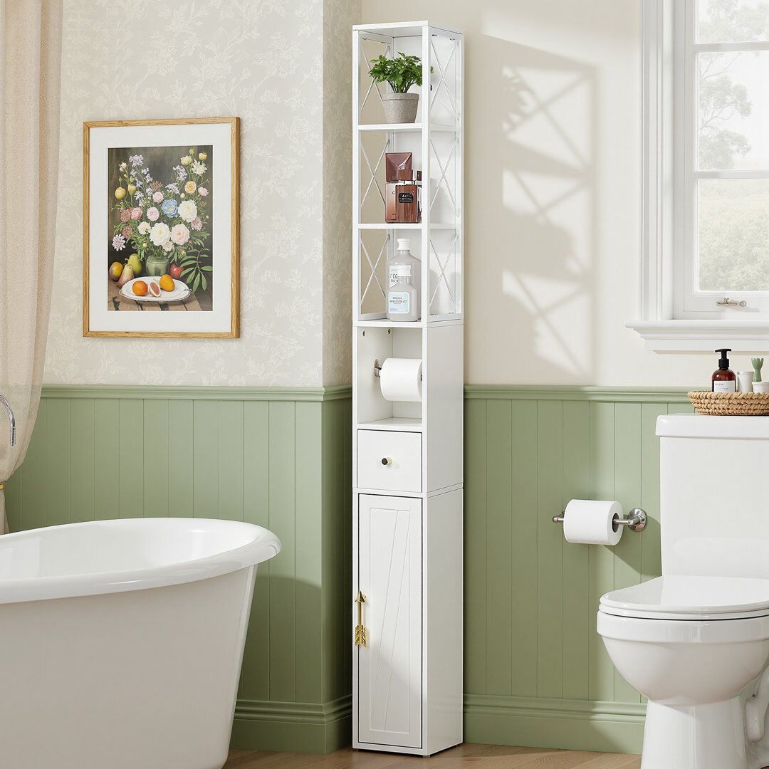 17 Stories Talion Tall Bathroom Storage Cabinet, Slim Storage Cabinet With Toilet Paper Scroll, Narrow Cabinet With Adjustable Shelves And Door White 170cm H X 20cm W X 20cm D