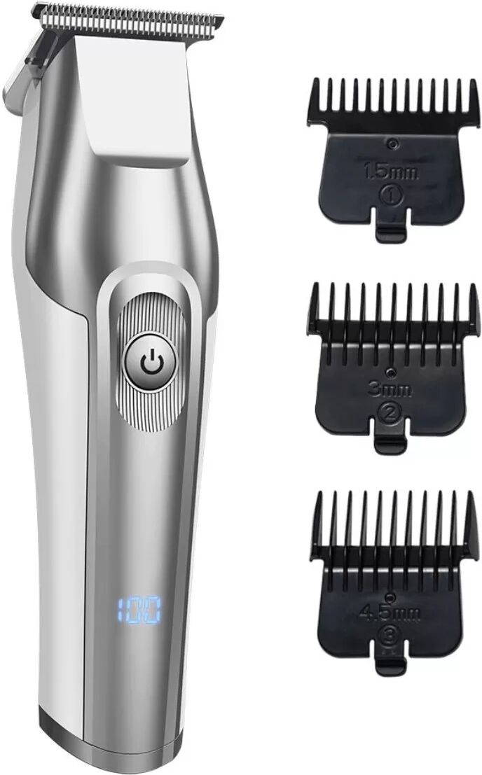 INF Kabelloser Haarschneider mit LCD-Anzeige – 2000mAh Akku, selbstschärfende T-Klinge 0,1mm, 250min Laufzeit Silber+Weiß