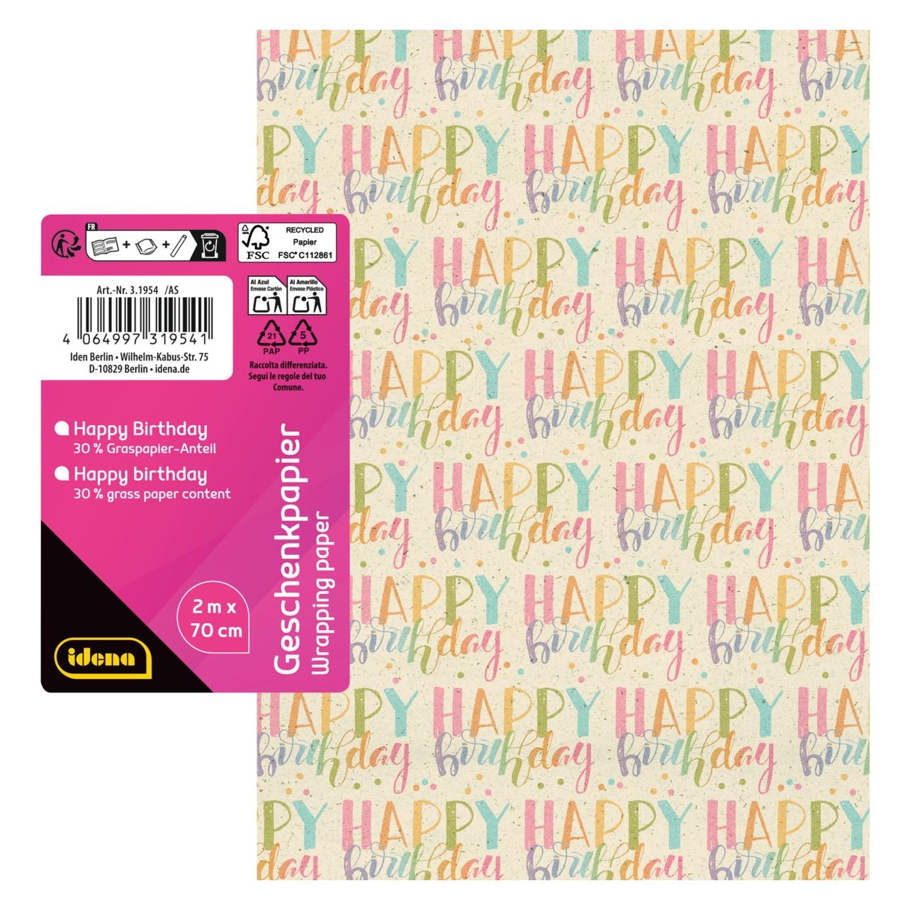 Idena Geschenkpapier Happy Birthday 70cmx2m Gras/Recycling (1x) (69094613)