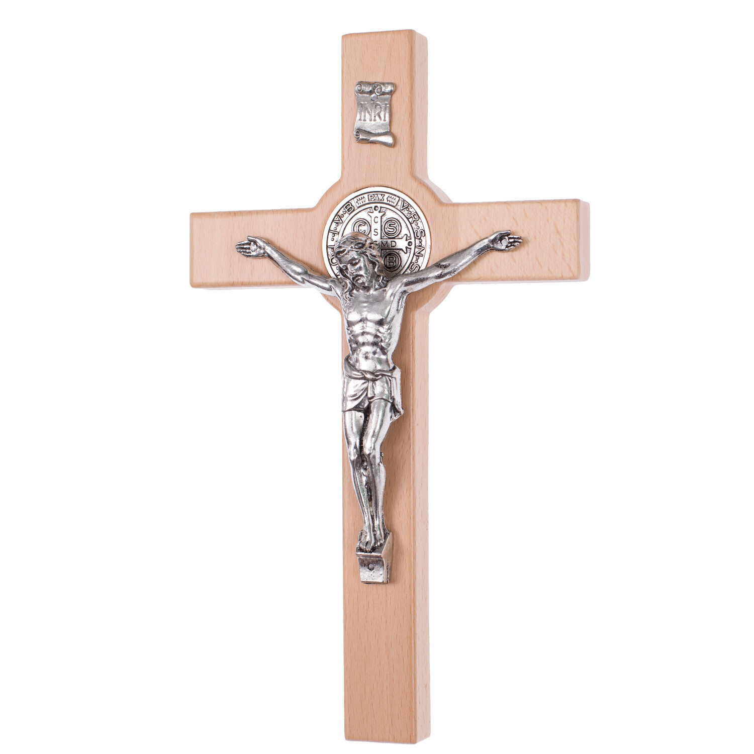 Luda Studio Houten hangend Sint-Benedictus kruis met afbeelding van Christus, B: 28 cm, D: 16 cm, H: 1,8 cm