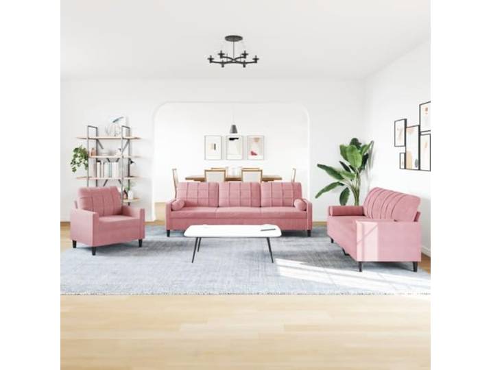 KTHLBRH Sofa-Set, 3-teilig, rosa Samt, mit Kissen Metall und Sperrholz, Schaumstoff, 1 Sofa, 1 2-Sitzer-Sofa, 1 3-Sitzer-Sofa
