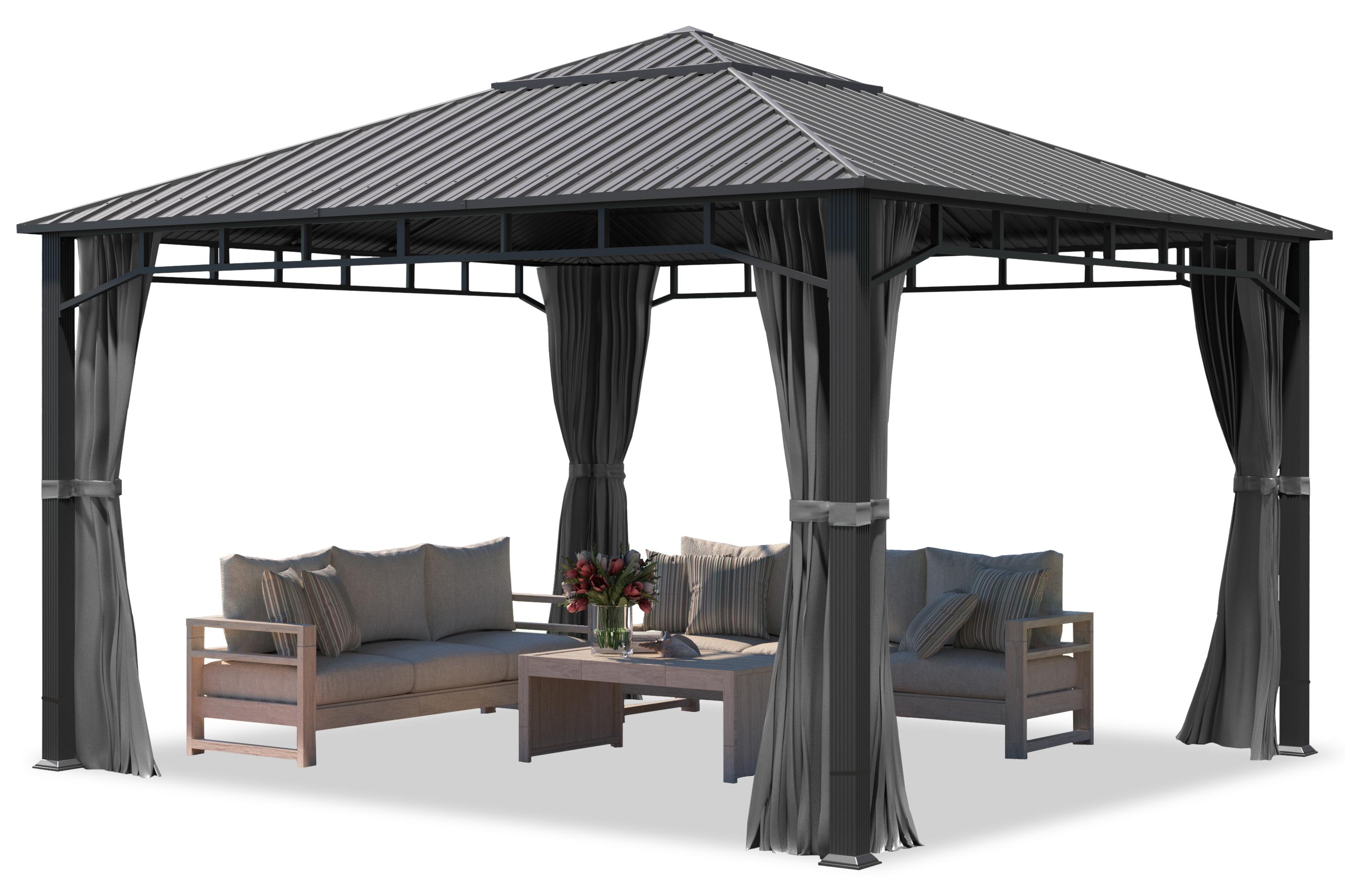Gartenpavillon 4x4 m Stahldach Hardtop, 4 Seitenteile in Grau, Pfosten 9x9 cm