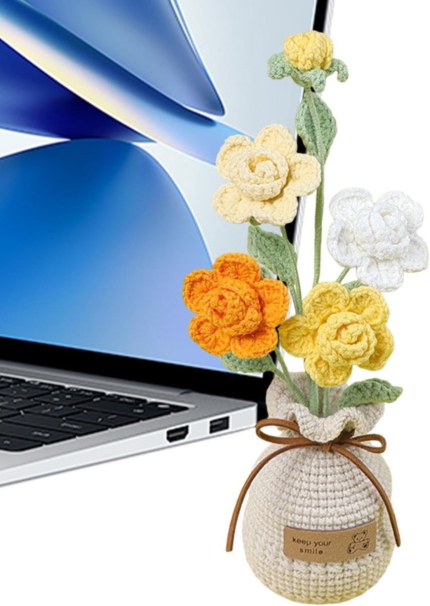 Handgemaakte gehaakte rozen bureau decoratie - Geel - Hoogte: 24 cm