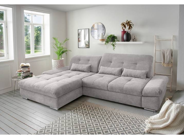 Ecksofa mit Schlaffunktion Grau Webstoff Jimin 300 x 86 x 196cm Longchair davorstehend links mit Schlaffunktion Modern