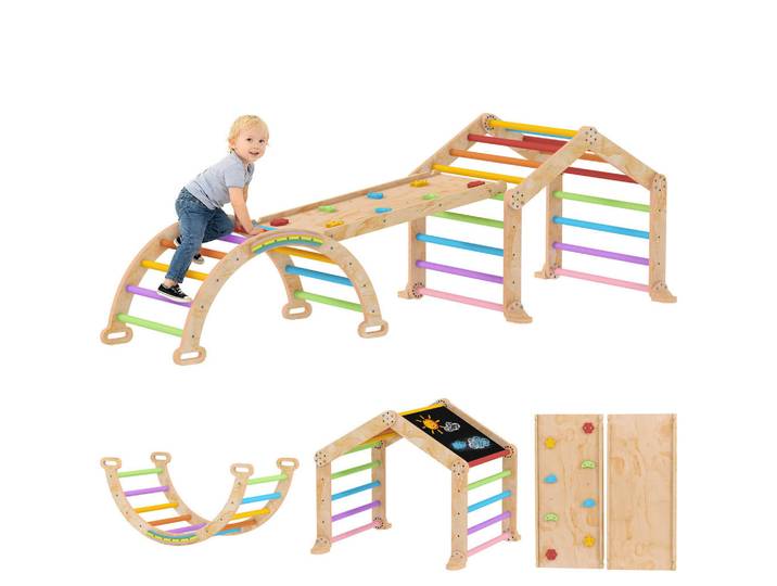 ComfortXL Kletterdreieck De-18398 9-in-1 mit umkehrbarer Rutsche & Wippe Bunt, Naturfarben, 52.5x100 cm, Freizeit & Co, Gartenspielzeug
