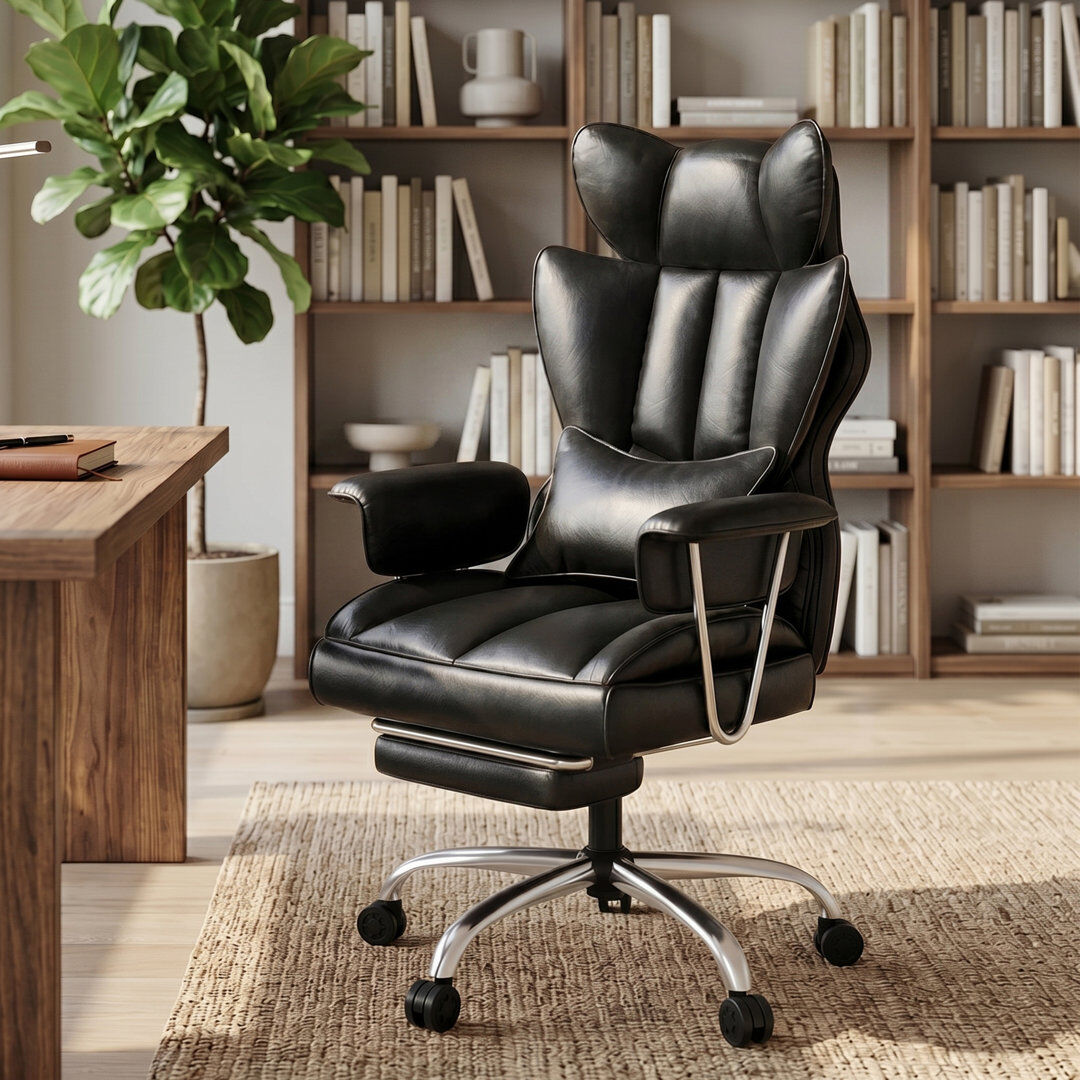 HaxvinUK Ergonomic Adjustable Reclining Swiveling Office Chair - Faux Leather with Footrest for PC Dark Black 112cm H X 68cm W X 65cm D