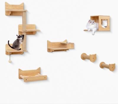 Costway 6 Pieces Cat Wall Furniture Set Kitten Wall Mounted Shelves-Natural