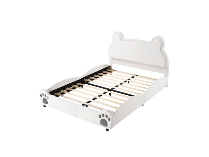 Lit Enfant 140×200 Cm\, Lit 2 Places En Forme D'Ours\, Sans Matelas\, Tissu Rembourré Blanc