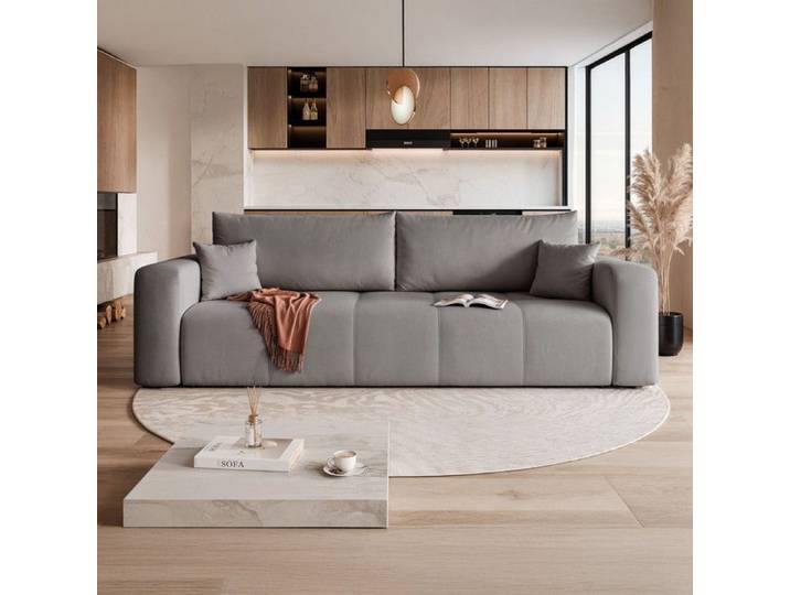 Canape Convertible PEDRO - 3 places - Coffre de rangement - Tissu Velours - Gris