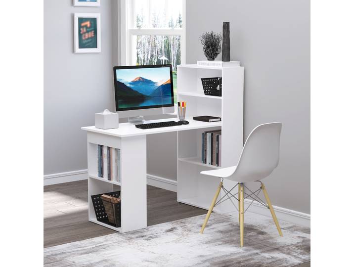 HOMCOM Bureau Bureau d'ordinateur, 2 Étagères, 5 Étagères, 120 cm x 55 cm x 120 cm, Blanc