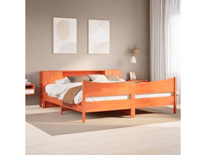 Massivholz Kiefernholz Stauraum Kopfteil Bettgestell 200x200 cm Braun Massivholzbett ohne Matratze Wachsbraun 200x200 Kiefernholz Bettgestell mit Stauraum Kopfteil Fächer Massivholz