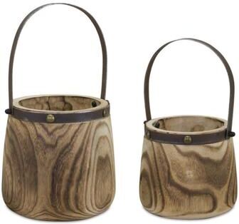 Melrose International Natural Wooden Pail Planter with Metal Handle Accent (Set of 2)