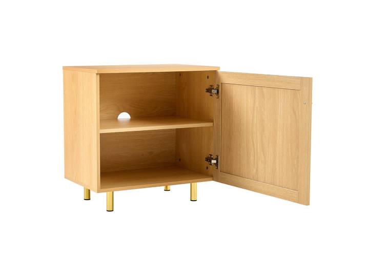 Modfu Sideboard aus MDF 40x60x63 cm Natur mit Rattantür, Regalboden und goldfarbenen Metallbeinen, Naturfarben, 60x63x40 cm, Kleinmöbel, Kommoden, Sideboards