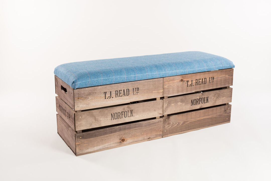 Rio Alyson Wool Upholstered Storage Bench Blue/Plaid 43cm H X 98cm W X 37cm D