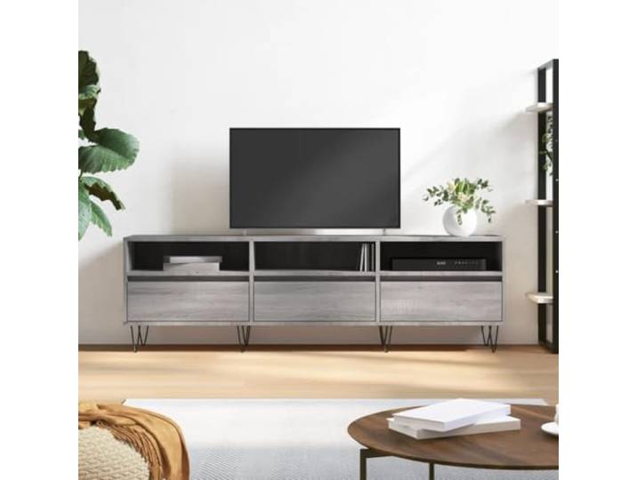 HEFZGDB TV-Schrank Grau Sonoma 150x30x44,5 cm Holzwerkstoff mit 6 Fächern, Stauraum Möbel, robuste Tischplatte und Eisenbeine für Wohnzimmer, Sideboard Aufbewahrung