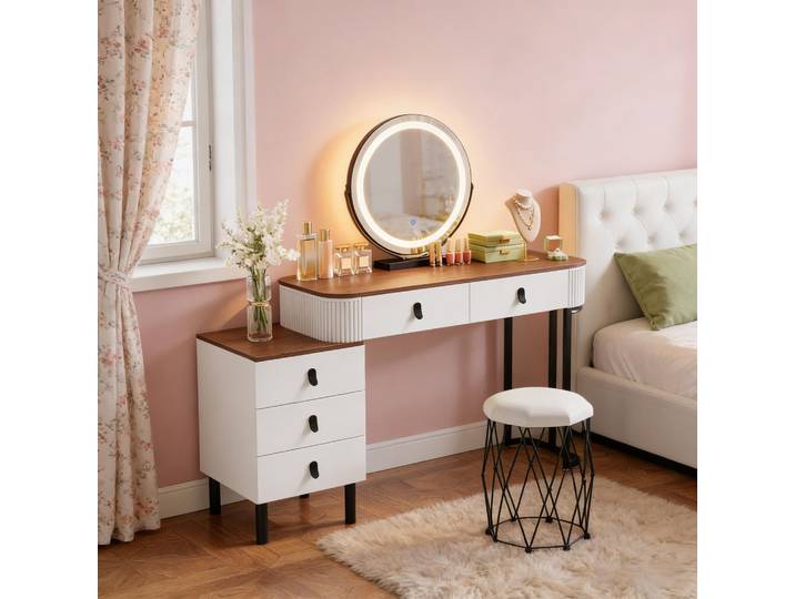 Ensemble de coiffeuse élégant avec tabouret et tiroir, idéal pour le maquillage ou le bureau.