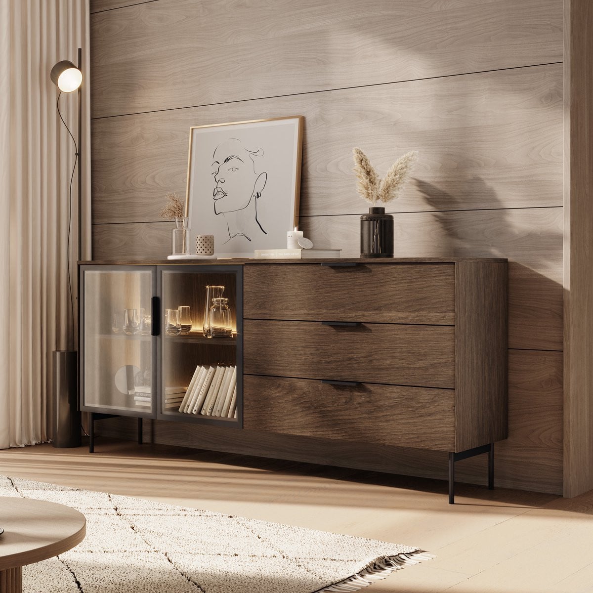 Meubella Lomo Dressoir met 3 lades en geïntegreerde verlichting - Donker eiken - Breedte: 181 cm