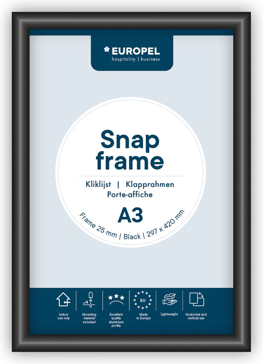 Europel Kliklijst Posterlijst A3 - Aluminium - Zwart - B: 29,7 cm, H: 42 cm