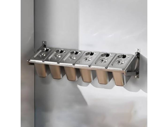 LIUWOPA Gewerbliches, an der Wand montiertes Gewürzregal aus Edelstahl mit Deckel und Löffel, Gewürzdosierbehälter-Set, Ausgabestation für Salatbuffets, Fachschale für Pizzabelag, 3 Gitter