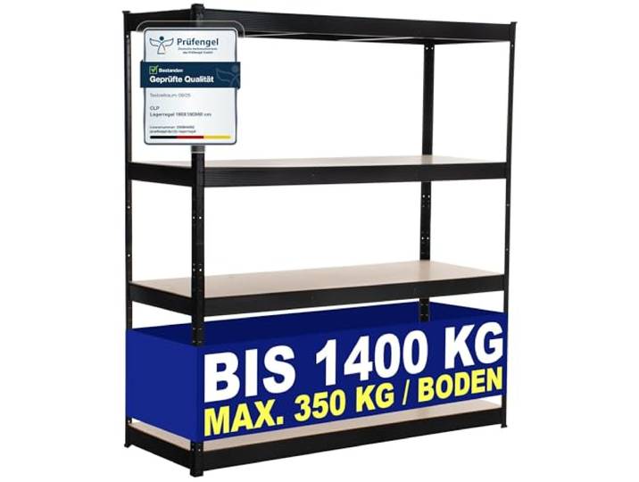 CLP Lagerregal 160X180X60 cm I Böden bis je 350 kg belastbar I Metall-Steckregal Farbe schwarz
