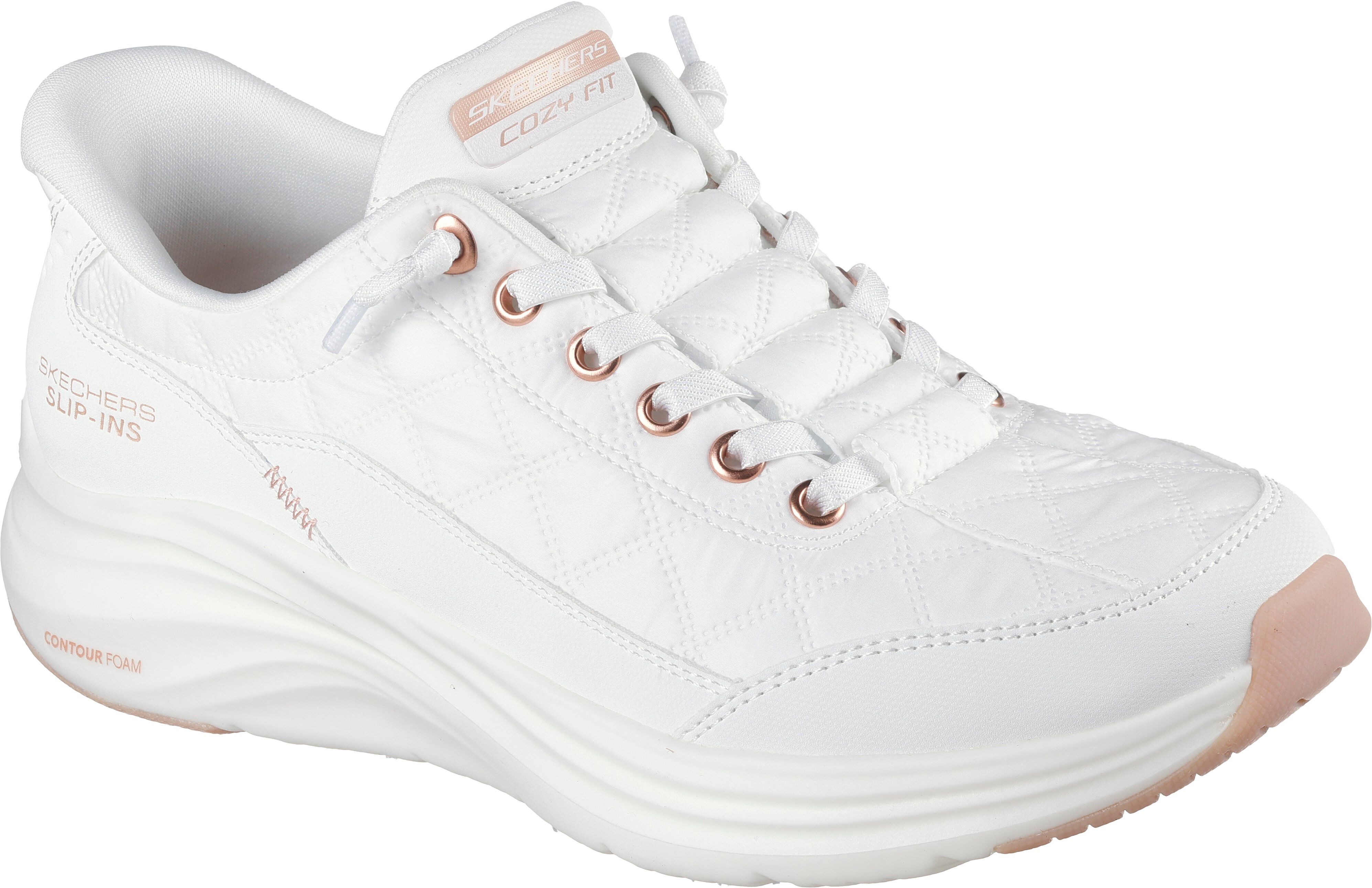 Slip-On Sneaker SKECHERS "CONTOUR FOAM-GOLDEN HOUR", Damen, Gr. 42, Textil, weiss (weiß), Leder, Lederimitat, Mesh, gesteppt, Schuhe Slip-On Sneaker, Slipper, Freizeitschuh, Schlupfschuh mit Slip-Ins Funktion weiß 42, Textil