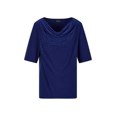 Kurzarmshirt GOLDNER "Jerseyshirt mit Glitzersteinen", Damen, Gr. 38, blau (royalblau), Obermaterial: 95% Polyester PES. 5% Elasthan EL., figurumspielend, Shirts, Ton in Ton Hotfix am Wasserfallausschnitt