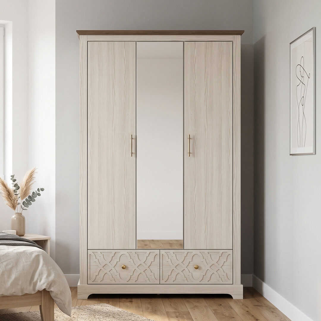 17 Stories Enfield 3 Door 2 Drawer Wardrobe with Mirror White Oak 181.3cm H X 112.6cm W X 56.3cm D
