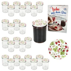 25er Set Sturzglas 230ml HOCH Einmachglas TO66 Wald-Erdbeere Deckel Rezept-Heft