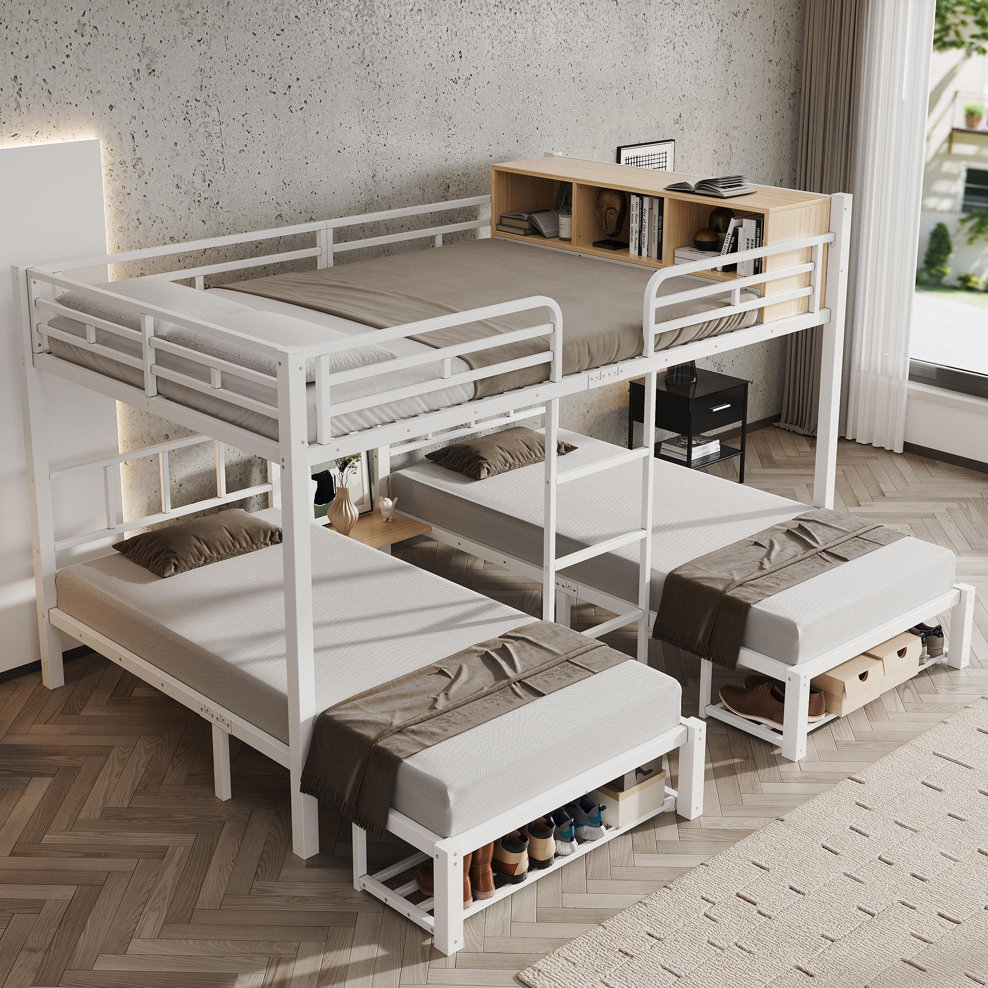 Metall-Etagenbett für 3 Personen, Liegeflächen 140x200 und 2 x 90x200 cm, mit Regal, Schuhablagen und Leiter, Weiß/Natur