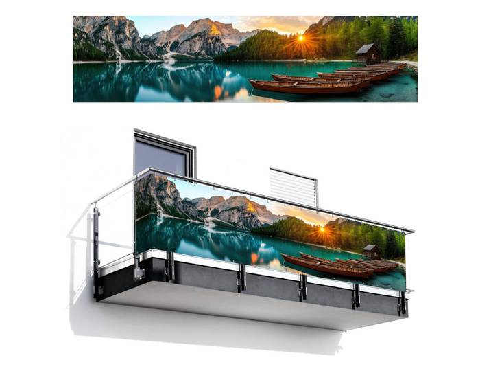 MuchoWow Balkon-Sichtschutz See - Berge - Sonnenuntergang - Boot, Petrol, Kunststoff, Rechteckig, 500x130 cm, Sonnenschutz, Sichtschutz