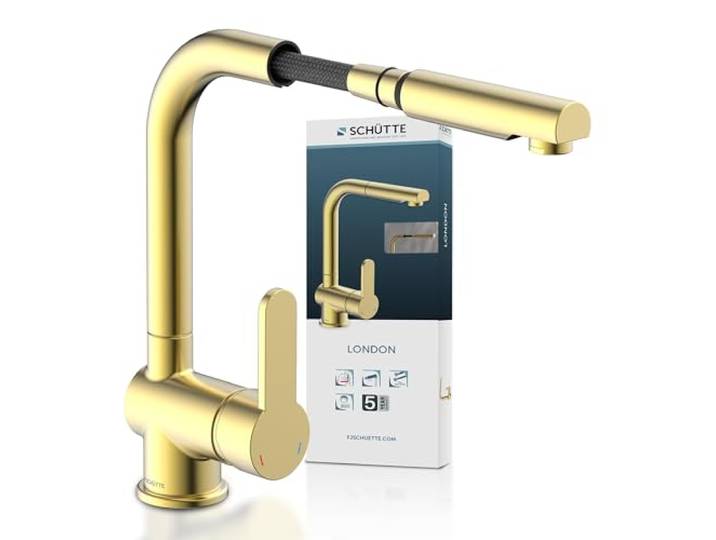 SCHÜTTE 79770 London Küchenarmatur mit ausziehbarer Geschirrbrause 360 Grad schwenkbarer Wasserhahn für die Küche, Mischbatterie mit Einhebelmischer, Spültischarmatur in Gold