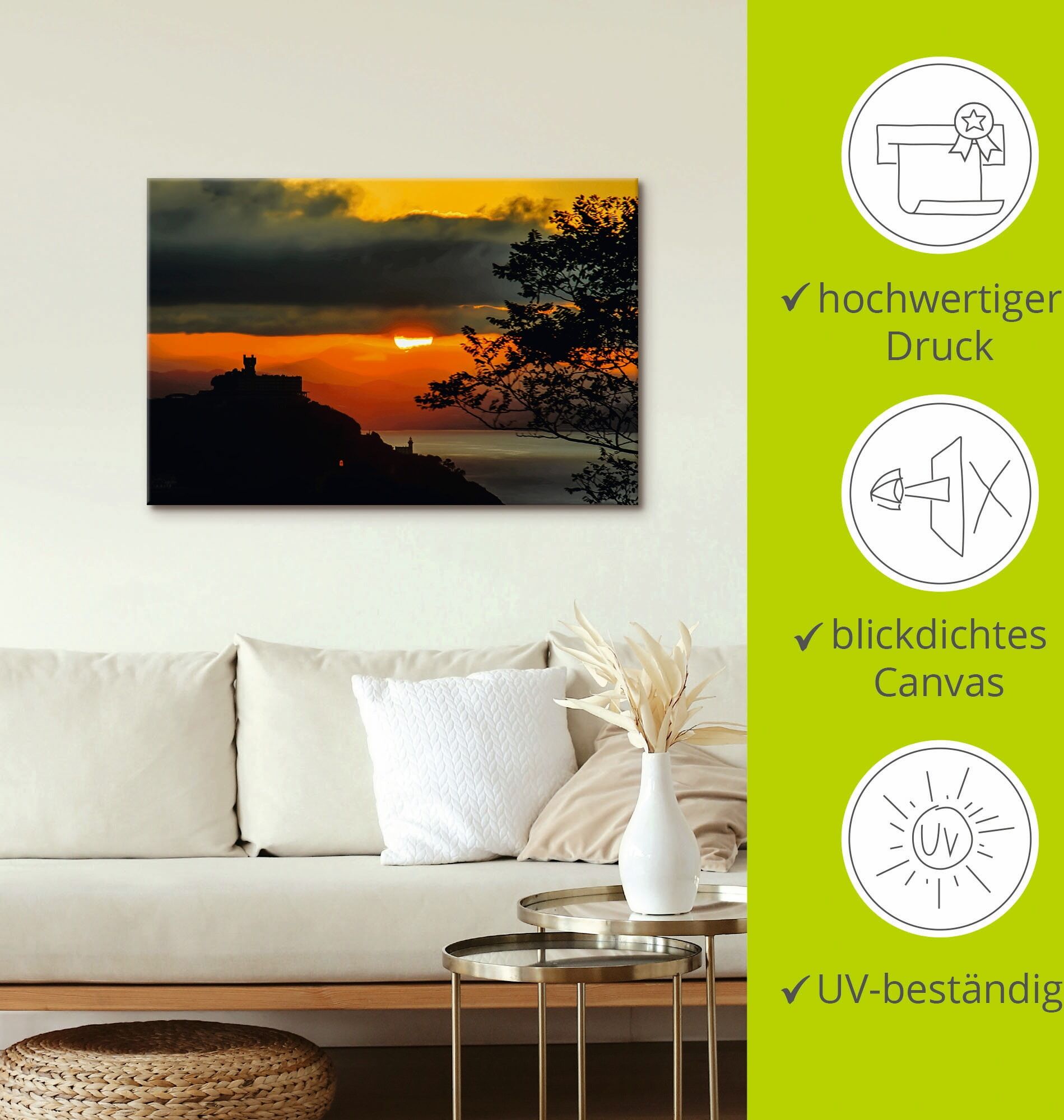 Leinwandbild ARTLAND "Sonnenuntergang San Sebastian Donostia", orange (farbe bild(er): orange), B:90cm H:60cm, Bilder, Leinwandbild, auf Holzrahmen gespannt farbe bild(er): orange B/H/T: 90cm x 60cm, Leinwandbild Sonnenaufgang & -untergang Querformat, 1 S