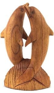 G6 Collection Wooden Hand Carved 2 Jumping Brown Dolphin Statue Wood Home Decor Fish Figurine Handcrafted Handmade Seaside Nautical Coastal