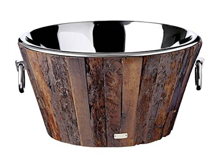 EDZARD Champagnerkühler Montgomery (Ø 47 cm, H 25 cm), Teakholz Sektkühler für 6 Flaschen, mit Griffen, Edelstahl, Flaschenkühler groß, Weinkühler, Schale für Sekt & Eiswürfel