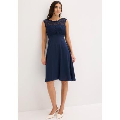 Minikleid BONPRIX "Minikleid mit Spitze", Damen, Gr. 48, N-Gr, ohne Ärmel, blau (dunkelblau), Obermaterial: 100% Polyester. Futter: 100% Polyester. Spitze: 100% Polyester, tailliert, Kleider Minikleid, für besondere Anlässe, aus Polyester,...