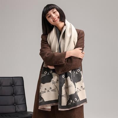 Silver Stone Store Cute Cat Ladies' Jacquard Pashmina Cashmere Scarf, Winter Thick Warm Shawl, Coldproof Windproof Blanket For Warmth multi
