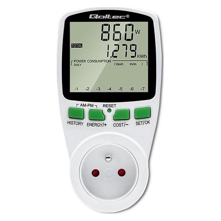 Qoltec Watomierz Licznik zużycia energii PM0627 z historią pomiaru| 3680W | 16A | LCD (50627)