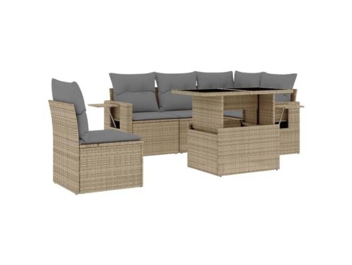 PUGYNBK Garten-Sofa-Set, 6-teilig, synthetisches Rattan, Beige Klappbarer Beistelltisch, dicke gepolsterte Kissen, modulares Design, verstellbare Tischplatte