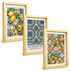 BILDER SET 3er Set - 20x30 cm Goldrahmen - Zitronen-Orangenblütenmuster