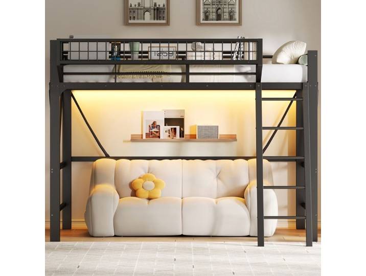Lit mezzanine 90x200 cm lit simple avec panier de rangement lit mezzanine enfant en métal avec éclairage LED noir