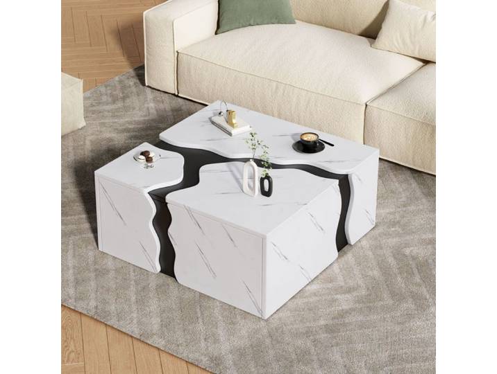 Table basse 70x70x30 plateau effet marbre table basse salon tiroir rangement design géométrique unique