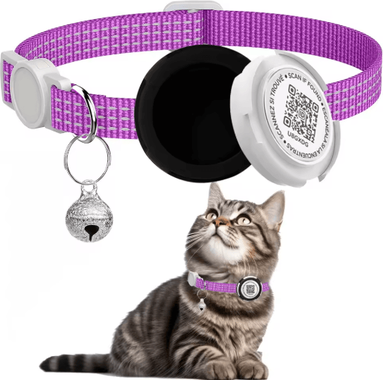 Inspire Picks Reflective Cat Collar With Air Tag Holder And QR ID Tag For Dual Pet Protection purple