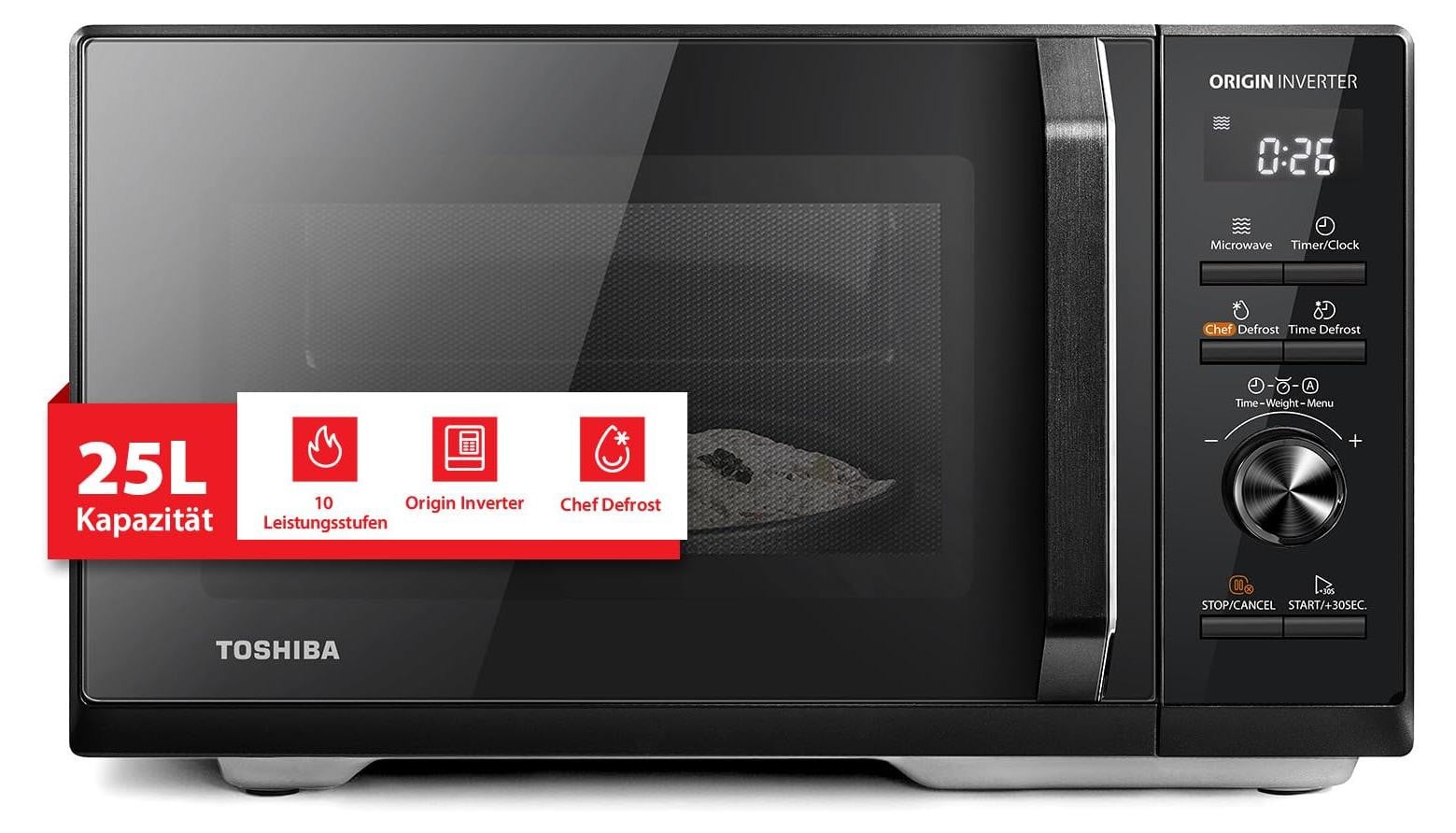 Toshiba MW3-AM25PFI(BK) Solo magnetron, 25 liter, 900W, zwart, met Origin-Inverter, Chef-Defrost, 10 vermogensniveaus, 7 automatische programma's en Easy Clean functie