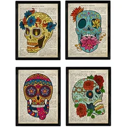 POSTER Set 4 mexikanischen Totenköpfen bunten Skelett A4 Schwarzer Rahmen