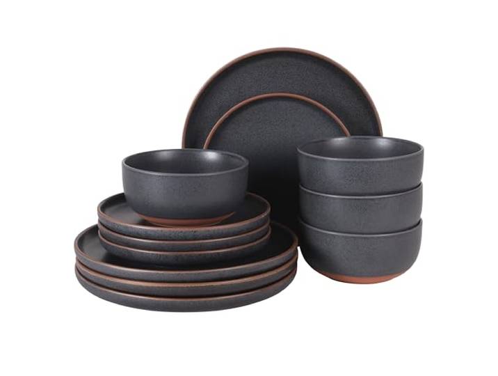 Gibson Elite Abbey Circle Geschirr-Set, 12-teilig, Teller und Schüsseln, reaktiv, matte Glasur, Steingut, Keramik, Marineblau