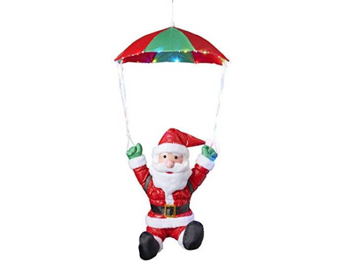 Bonetti Weihnachtsmann am Fallschirm mit 30 bunten LEDs beleuchtet, Fliegender Nikolaus für Innen- und Außen, mit Timer (traditionell - Fallschirm)