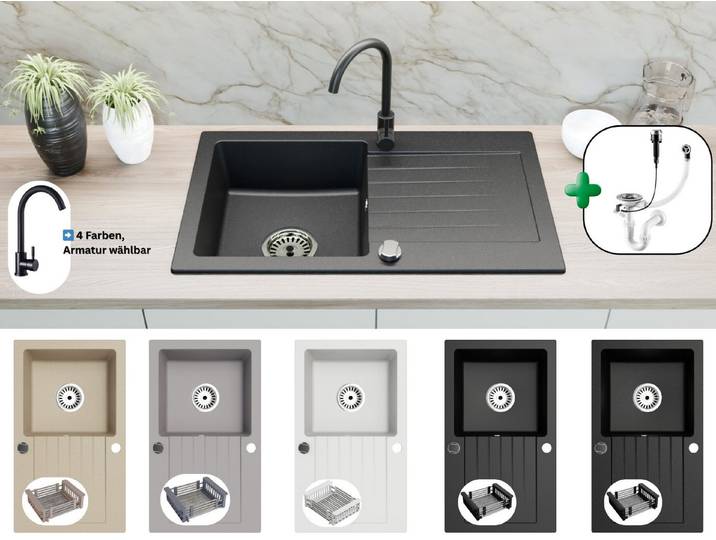 Faizee Möbel Granitspüle Granitspüle 75×43,5 cm, Spülkorb, Armatur wählbar, Einbauspüle, Beidseitig montierbar, kratzfest, hitzebeständig bis 280 °C, pflegeleicht, mit verstellbarem Spülkorb, (Spüle mit Spülkorb, Granitspüle 75×43,5, Spülkorb, Siphon-Set, Zubehör), Granitspüle 75×43,5, kratzfest, pflegeleicht, Spülkorb