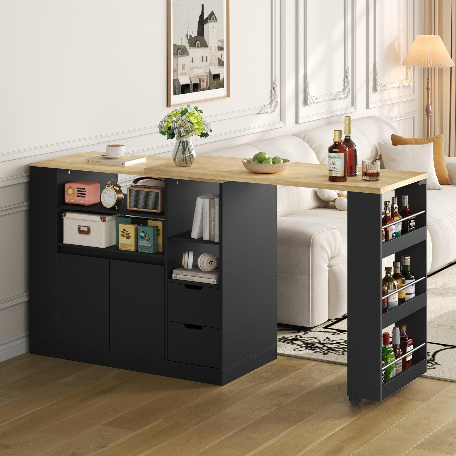 Flieks Uittrekbare Keukentafel met Draaibare Top en Lades, Zwart